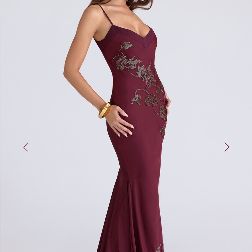 House of CB Limited Edition Anastelle Burgundy Dress with Floral Accents NWT - Picture 3 of 6